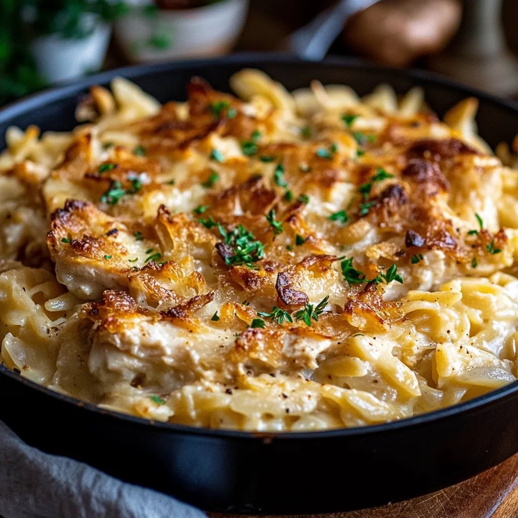 French Onion Chicken Orzo Casserole